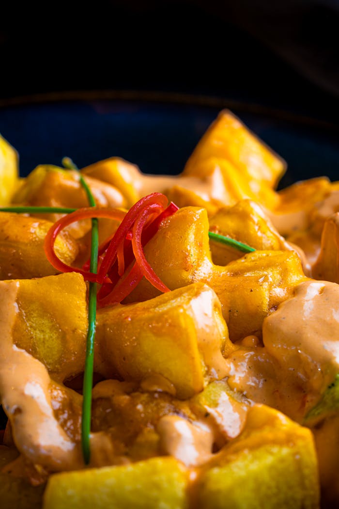 services-03 Appetizing close-up of spicy patatas bravas with sauce, garnished with chives.